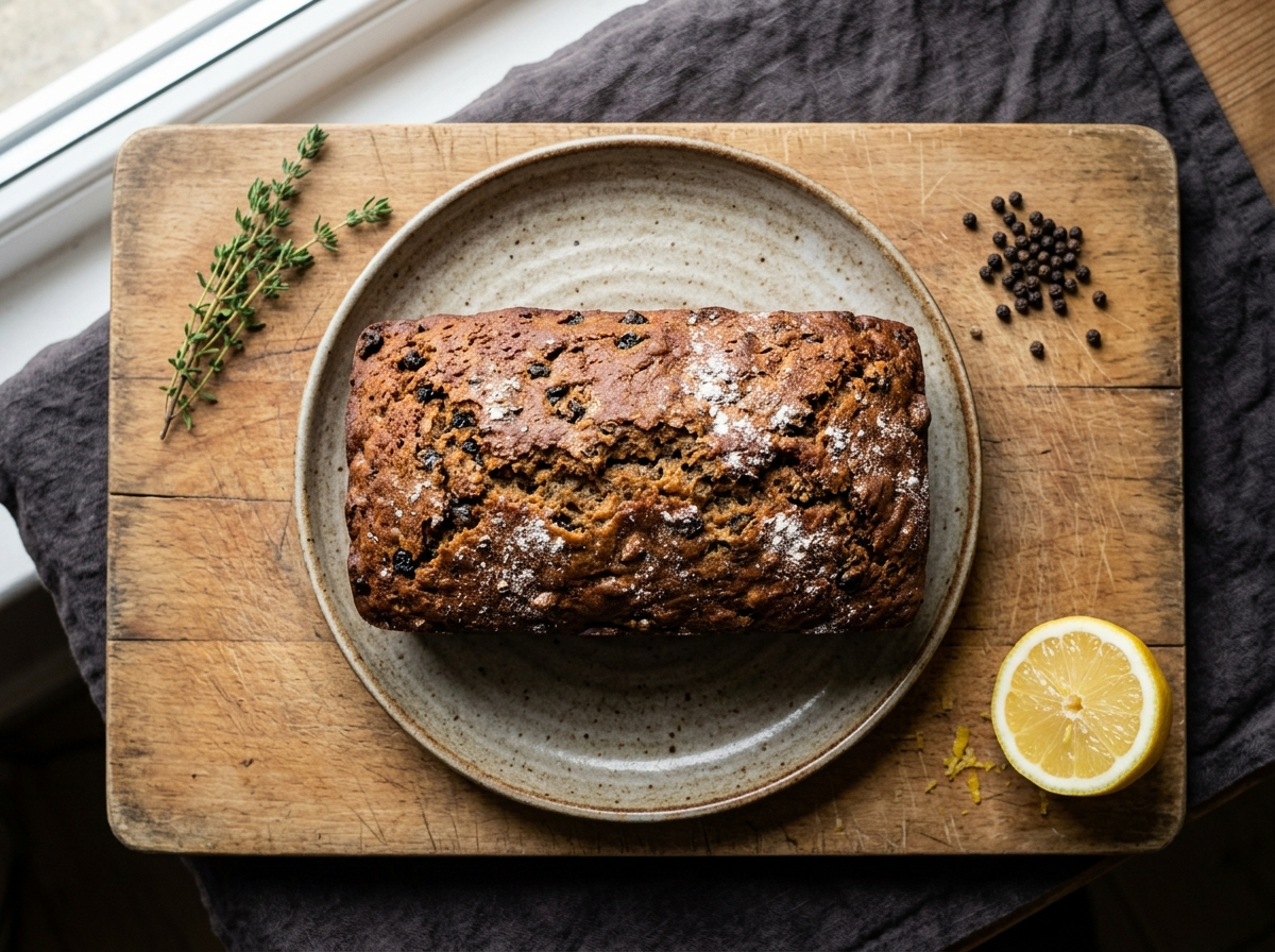 Welsh bara brith fruit loaf sliced on a wooden board with salted butter and a cup of black tea