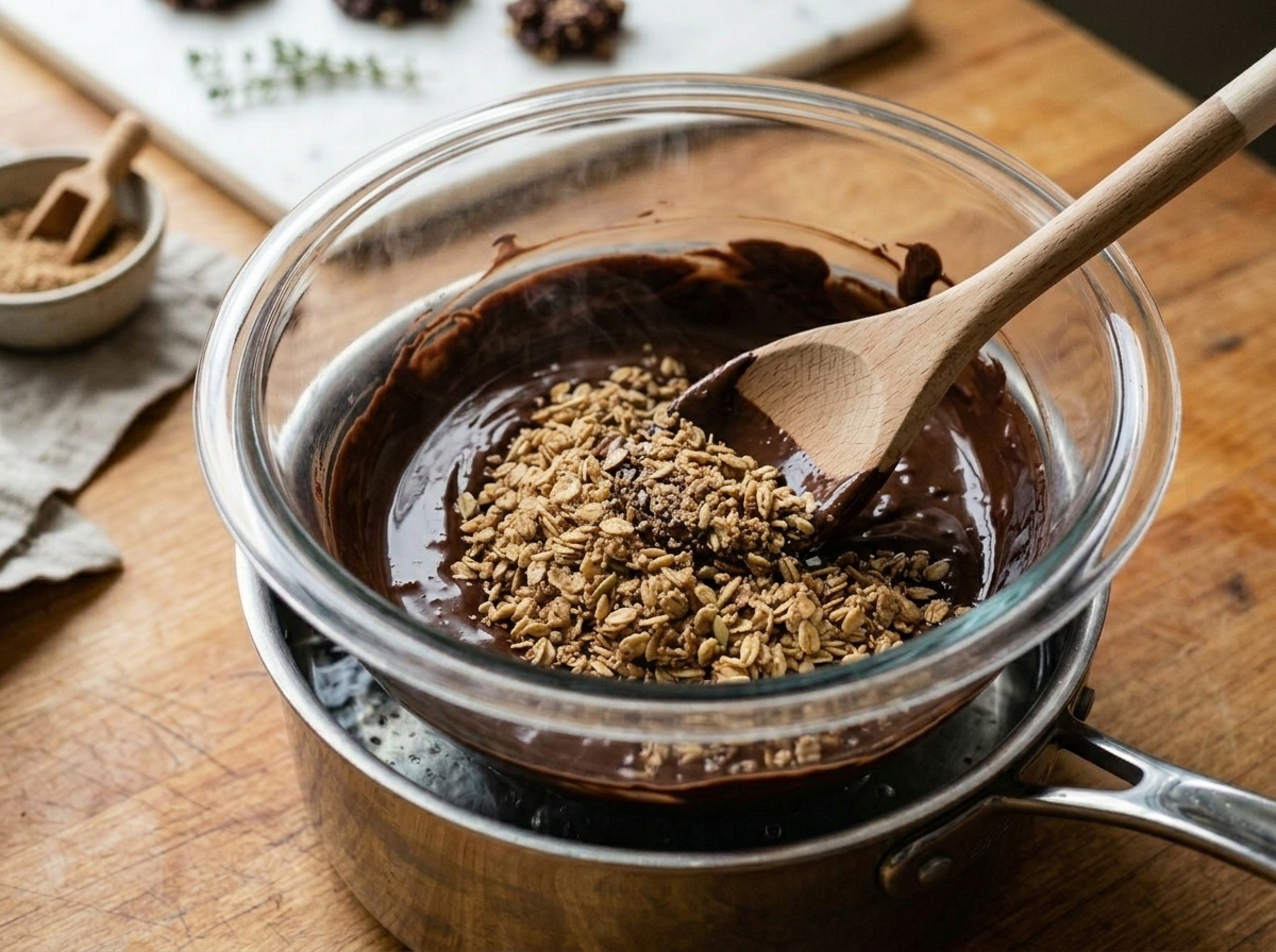 Rubber spatula folding ground flaxseed and oats into melted dark chocolate in a double boiler bowl