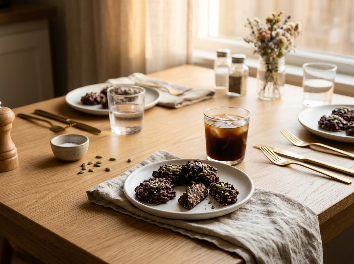Four flaxseed chocolate clusters on a white ceramic plate with a glass of cold brew coffee beside them