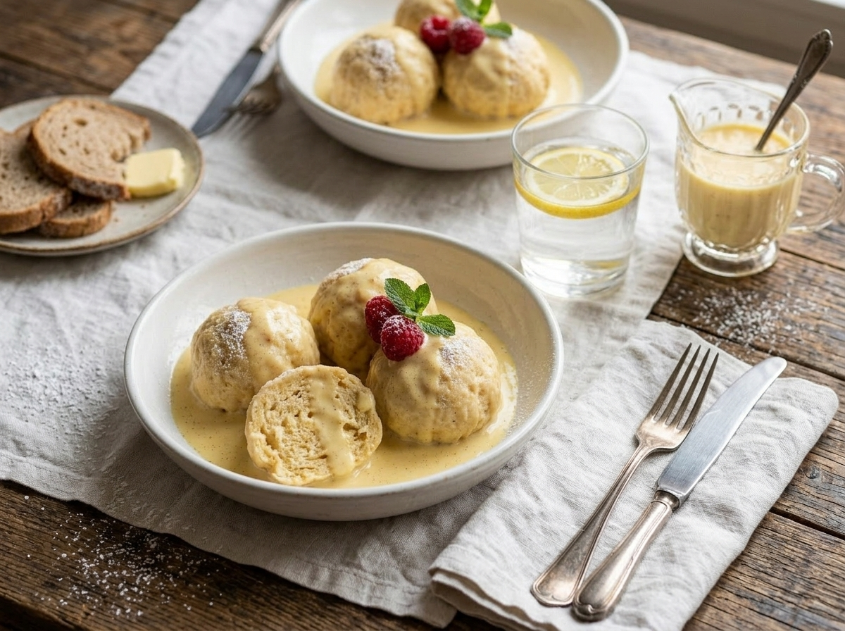 Two bowls of Bavarian sweet bread dumplings with vanilla sauce on a linen tablecloth from above