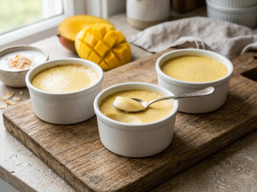 Three ramekins of baked coconut custard on a wooden board with fresh mango and coconut cream nearby