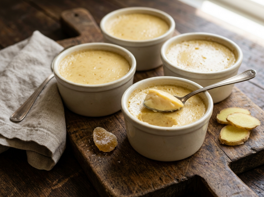 Four ramekins of ginger coconut custard on a wooden board, one opened to reveal the silky pale-golden interior