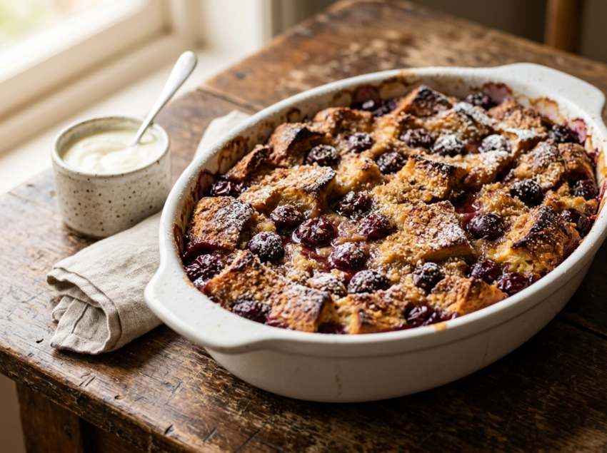 Alpine cherry bread bake in a white ceramic dish with a golden top, sour cherries, and a dusting of icing sugar