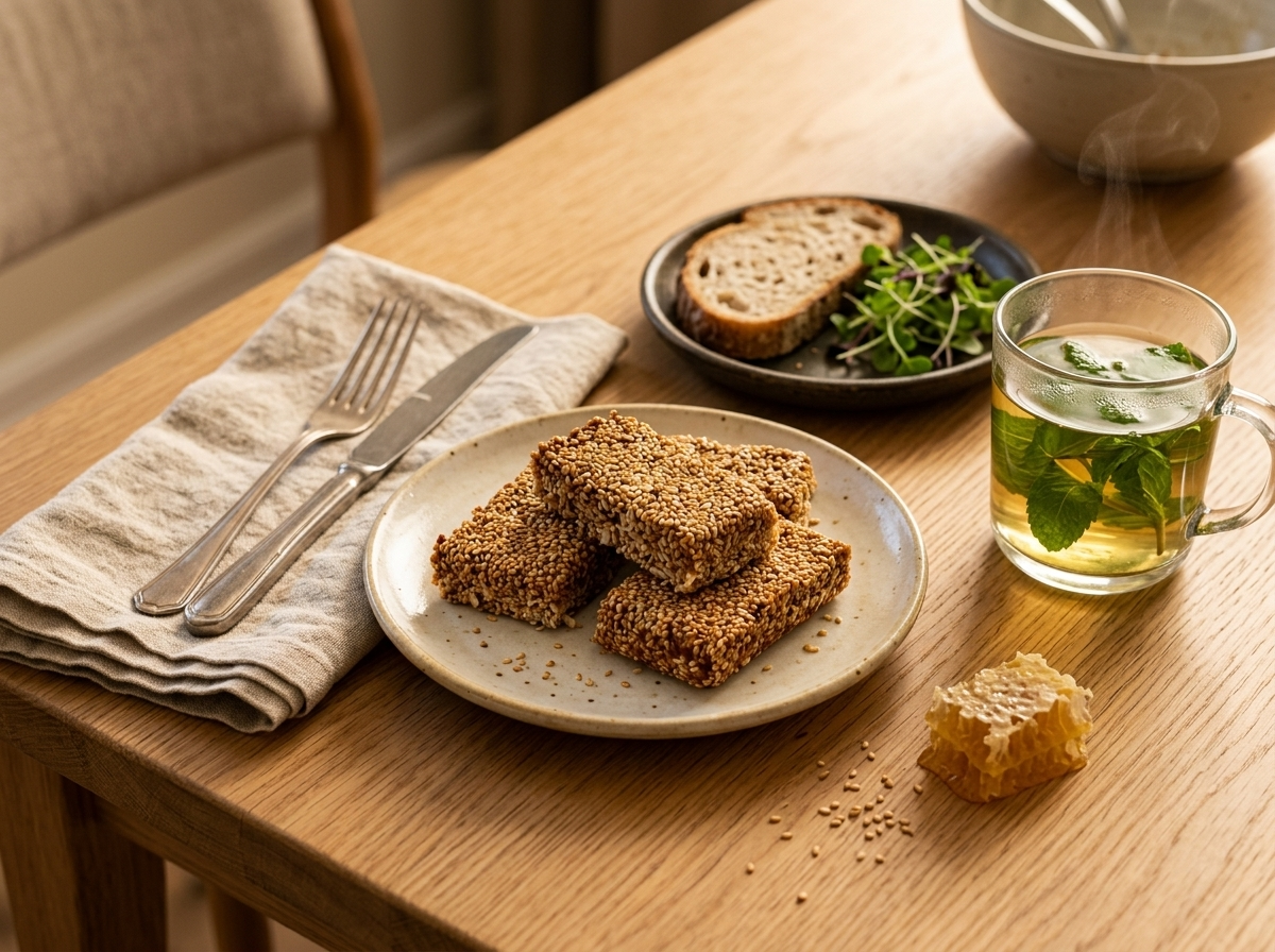 Sesame coconut candy slabs on a ceramic plate next to a glass of mint tea with a linen napkin