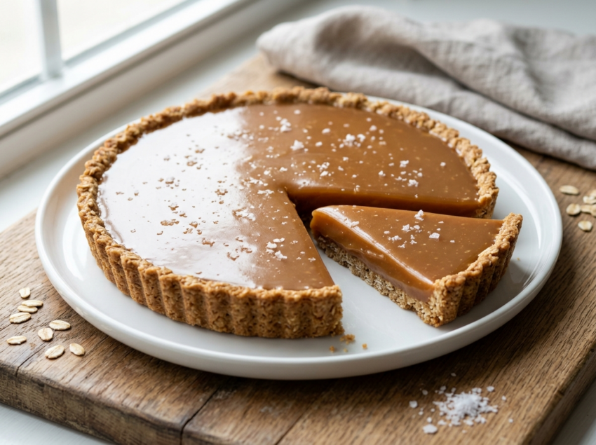 Salted caramel oat tart on a ceramic plate with a slice pulled back showing glossy caramel filling and golden oat crust