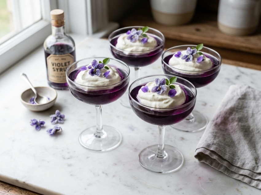 Four glasses of clear purple violet syrup jelly topped with whipped cream and candied violet flowers on marble
