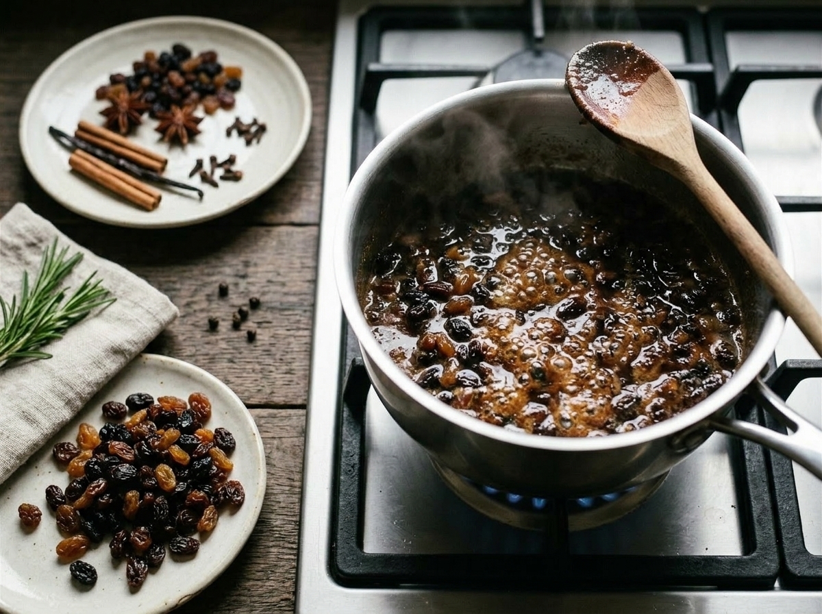 Dried fruit simmering in stout and brown sugar in a saucepan for Irish porter cake base