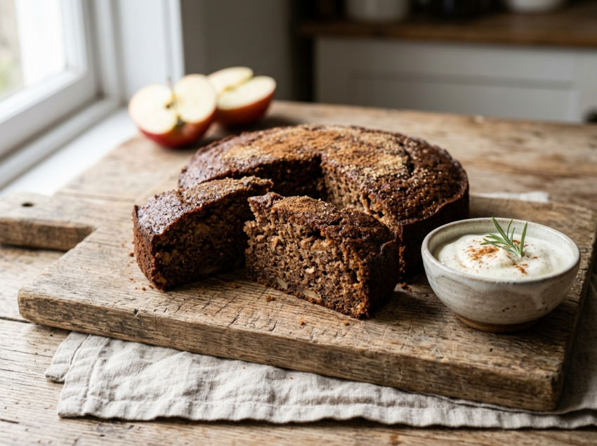 Sliced buckwheat apple cake on a wooden board showing dark moist crumb, with cinnamon and creme fraiche on the side.