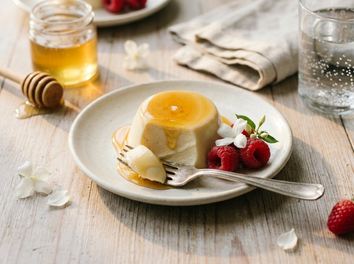 Single jasmine honey panna cotta on a white plate with honey drizzle, linen napkin and honey jar beside it