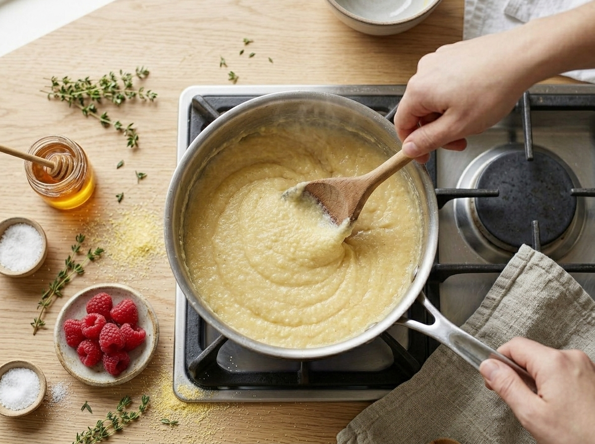 Thick creamy polenta pudding being stirred with a wooden spoon in a heavy saucepan on the stovetop