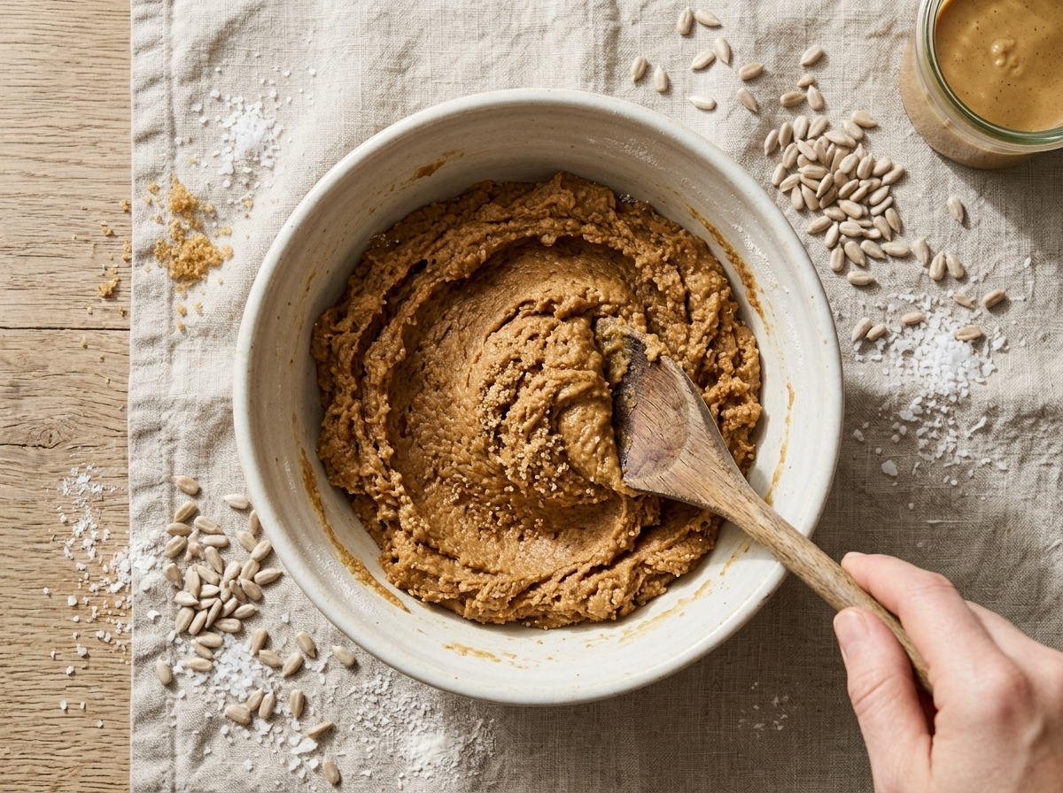 Thick sunflower tahini cookie dough in a mixing bowl with a wooden spoon, ready to scoop
