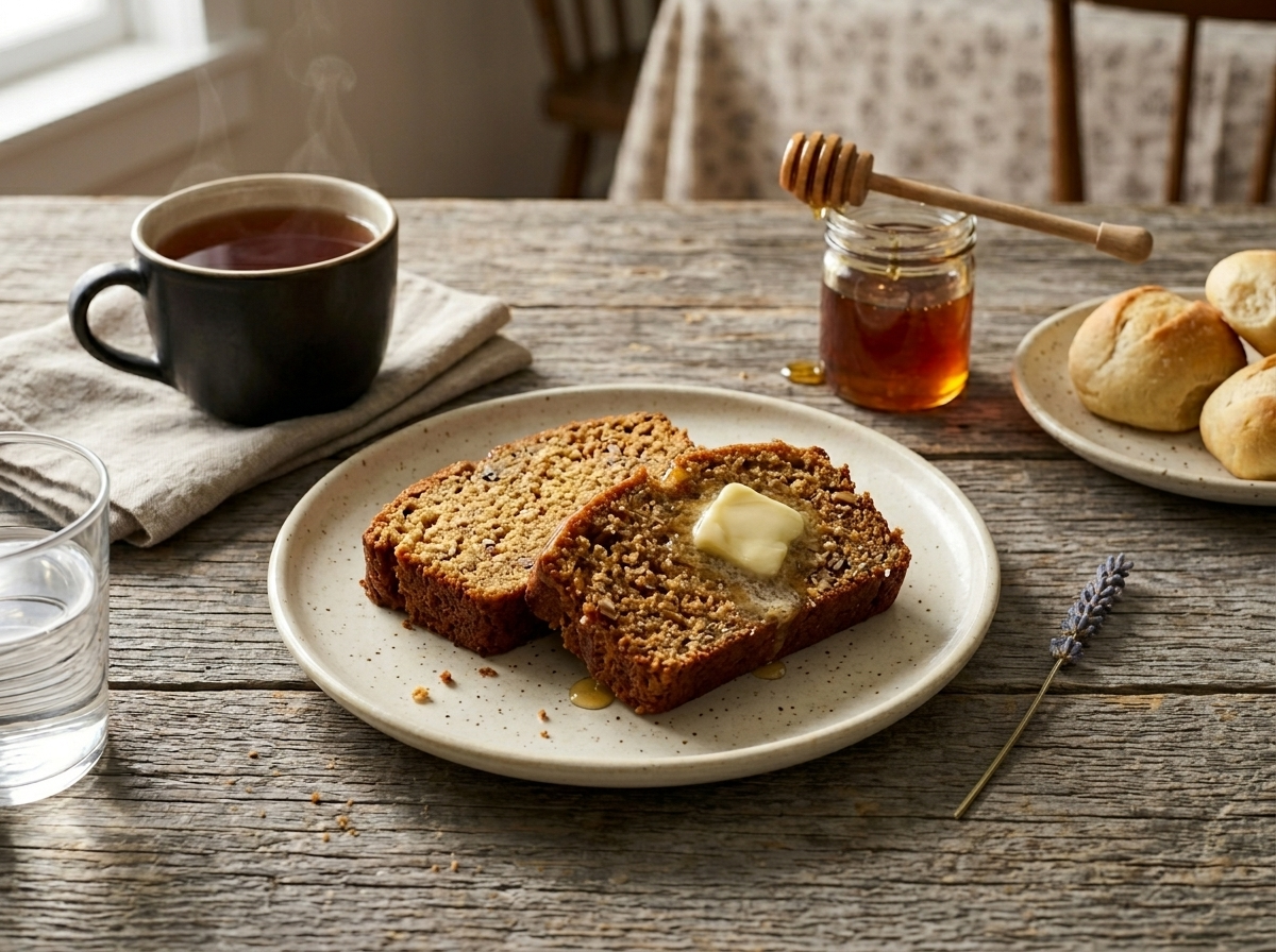 Two slices of barley honey cake on a white plate with butter and a mug of tea alongside