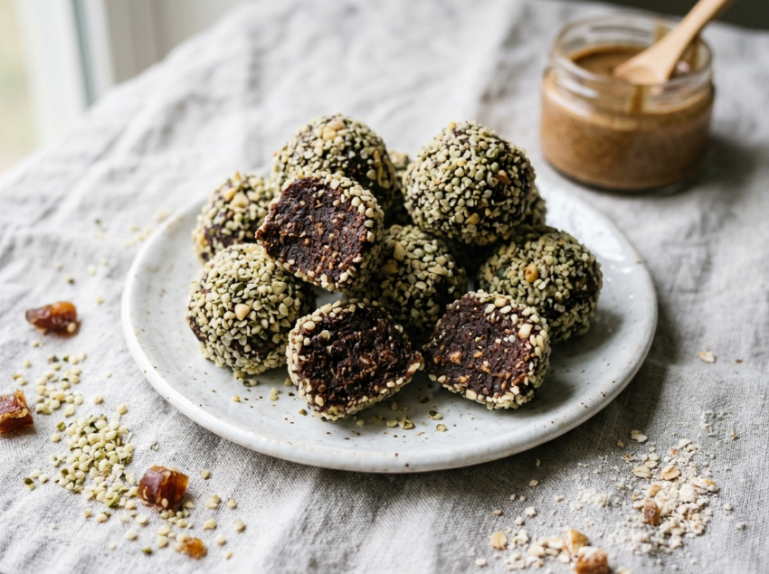 Hemp seed energy truffles coated in hemp hearts on a white ceramic plate, some halved to show the date and cacao interior