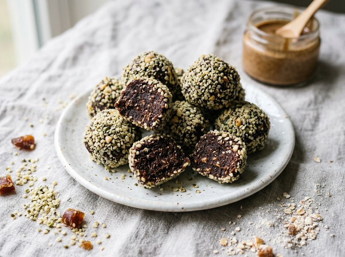 Hemp seed energy truffles coated in hemp hearts on a white ceramic plate, some halved to show the date and cacao interior