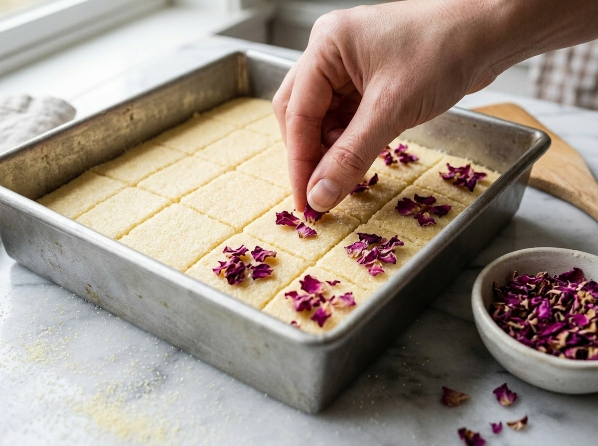 Hand pressing dried rose petals into scored semolina batter in a square baking pan before baking