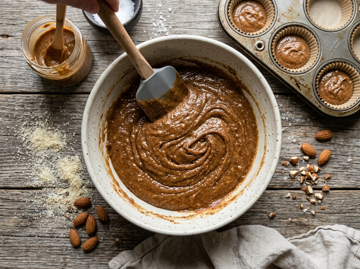 Rubber spatula folding thick glossy almond butter cake batter in a large ceramic mixing bowl