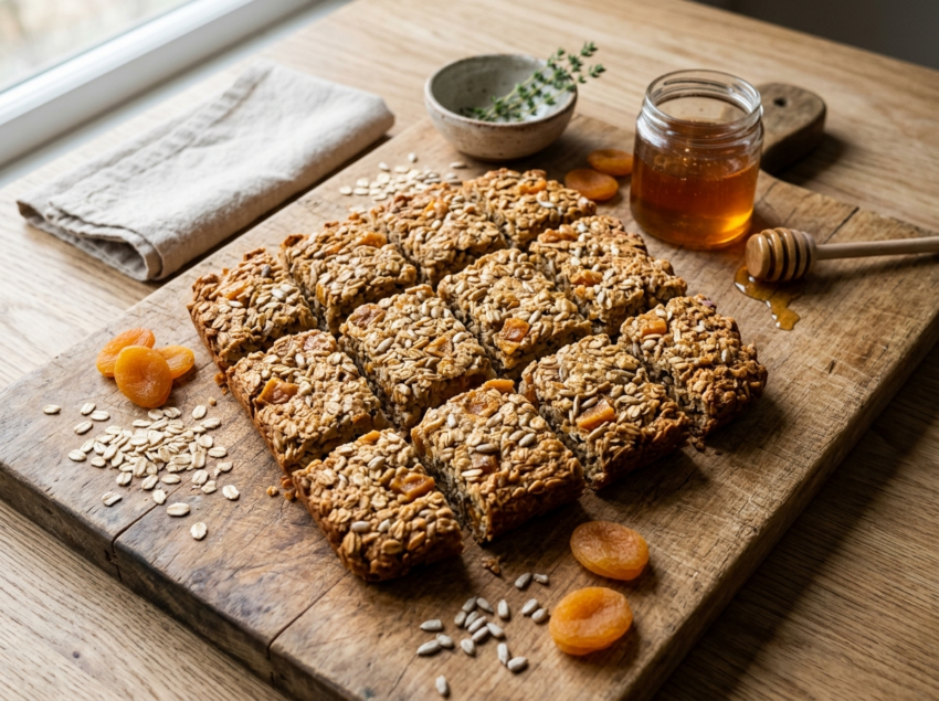 Twelve sliced spelt honey breakfast bars with oats, sunflower seeds, and dried apricot on a wooden board