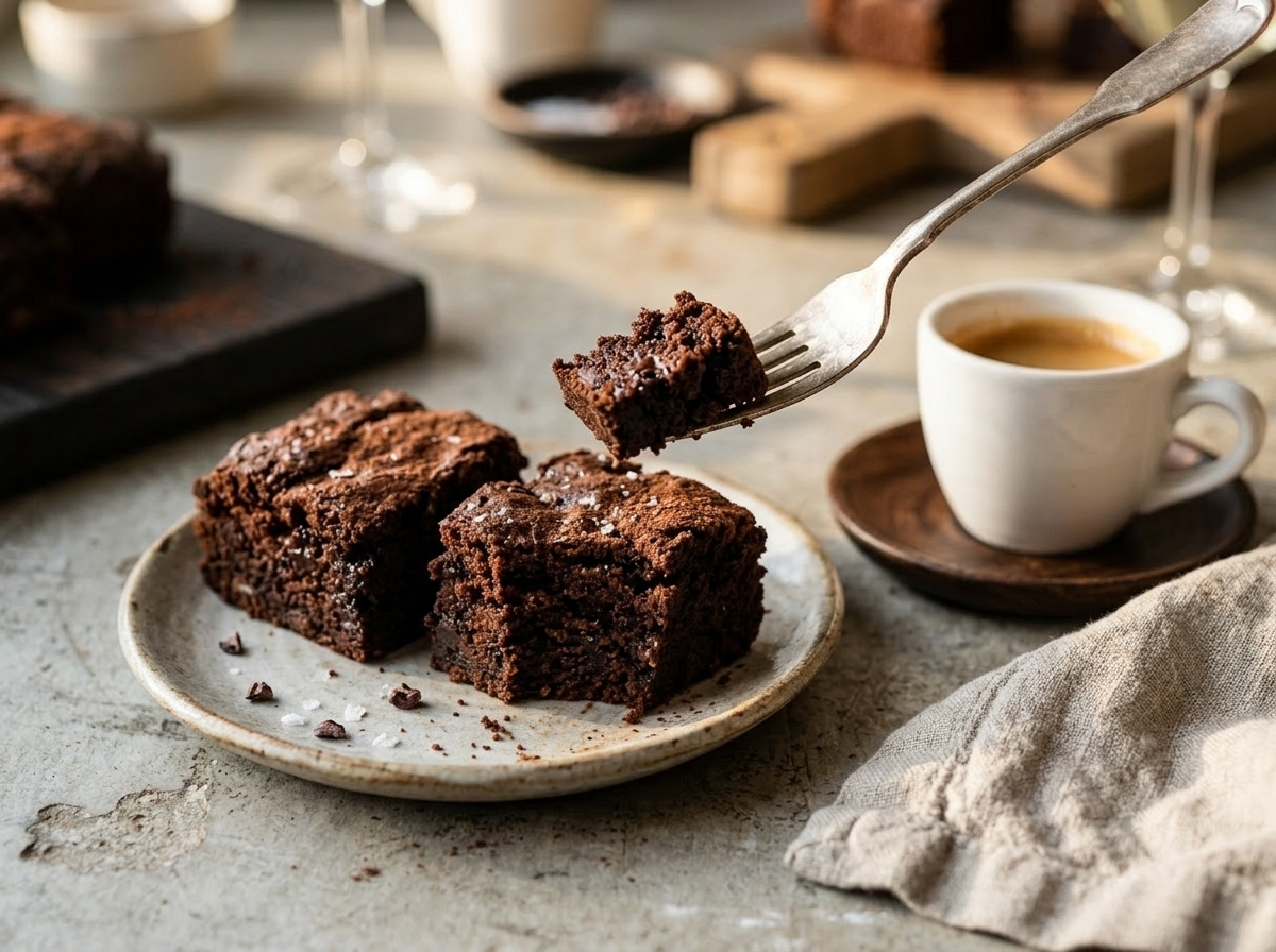 Two rye chocolate snack cake squares on a ceramic plate beside an espresso cup with a fork