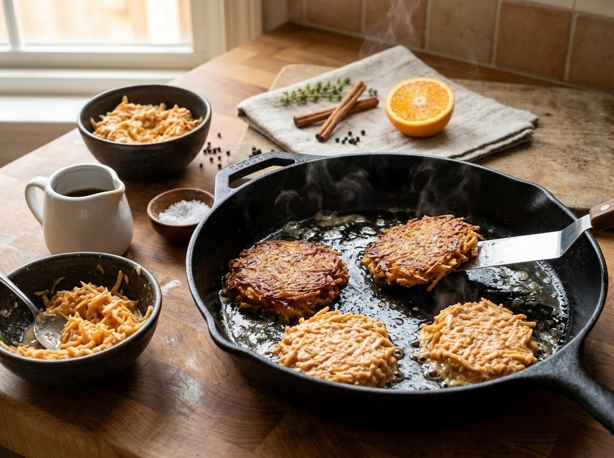 Yam fritters frying in a cast iron skillet with oil bubbling around the edges and a spatula pressing one flat