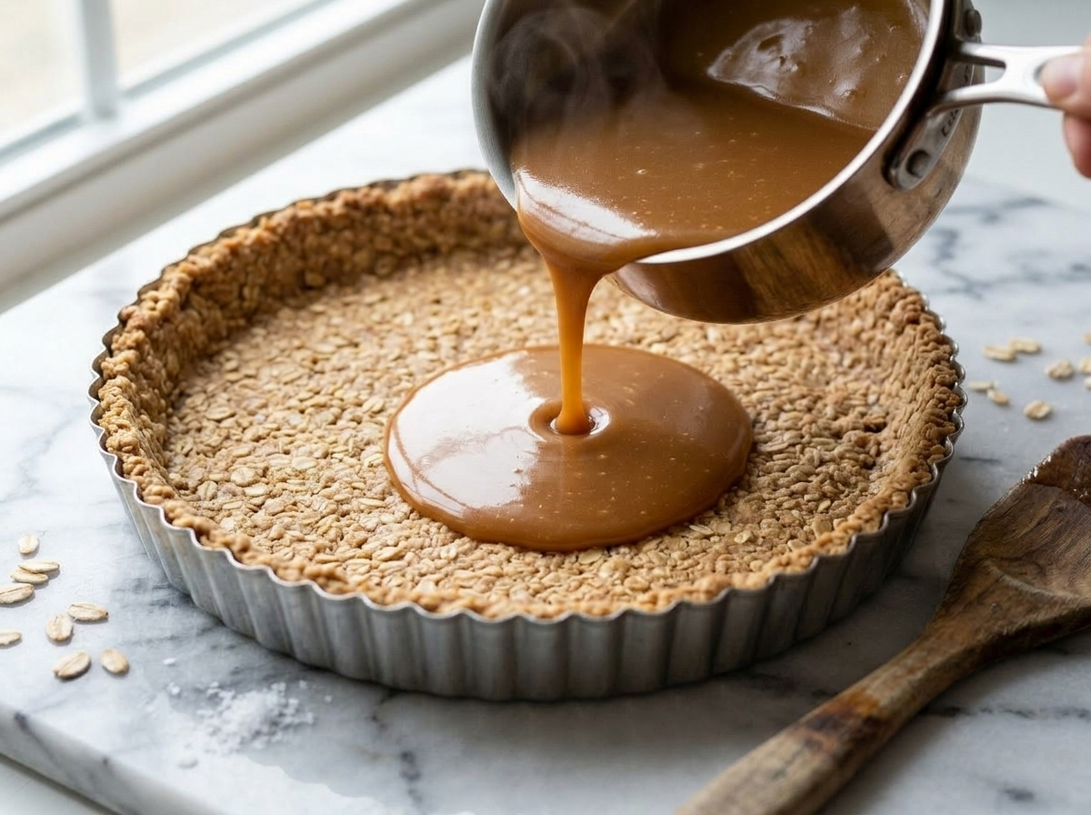Warm caramel being poured into a baked oat tart shell in a loose-bottom tart pan on a marble countertop