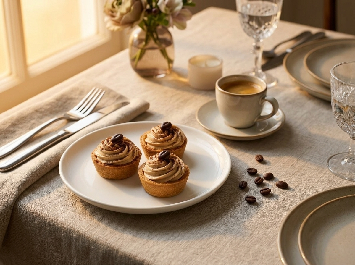 Espresso cream tart bites on a white plate beside a small espresso cup on a linen cloth