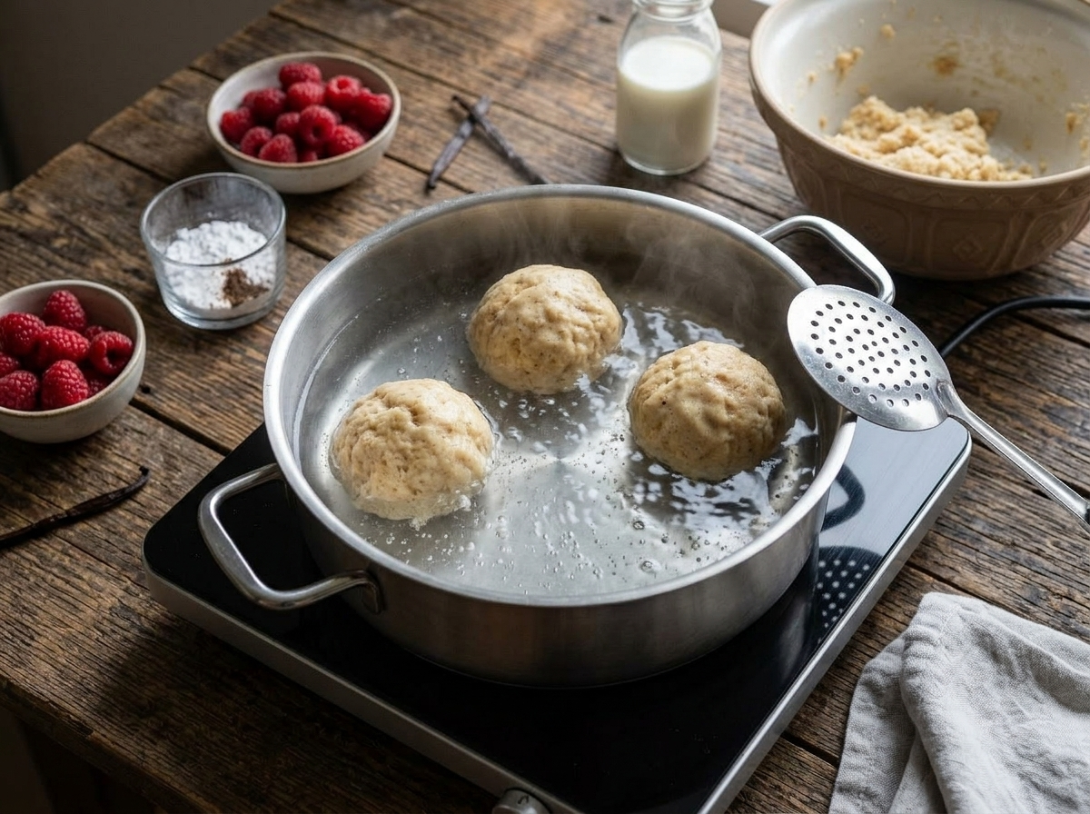 Round bread dumplings simmering in a pot of water with a slotted spoon resting on the edge
