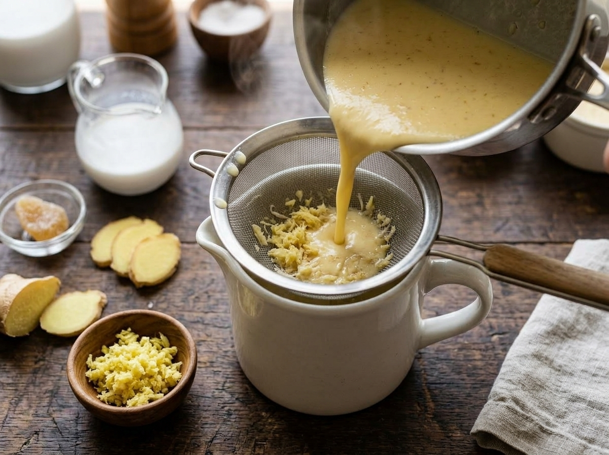 Straining warm ginger-infused coconut milk through a fine-mesh sieve before adding to egg yolks