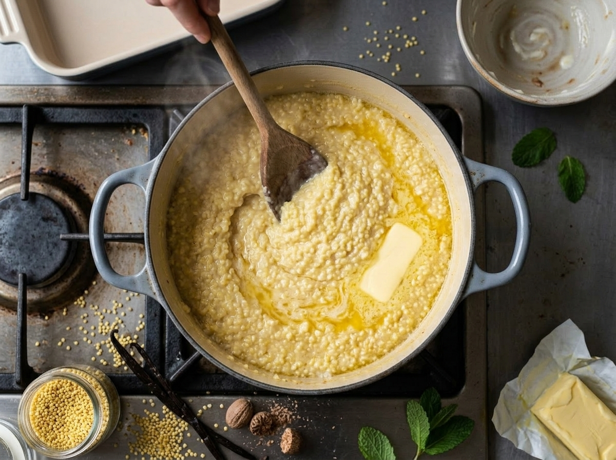 Creamy cooked millet stirred with butter in a saucepan, ready to mix with eggs for baking