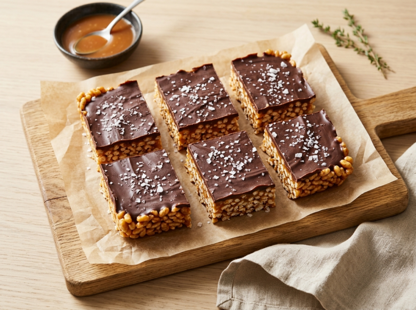 Six salted caramel rice bars on parchment with dark chocolate topping and flaky sea salt on a wooden board