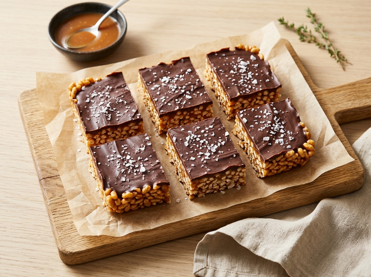 Six salted caramel rice bars on parchment with dark chocolate topping and flaky sea salt on a wooden board
