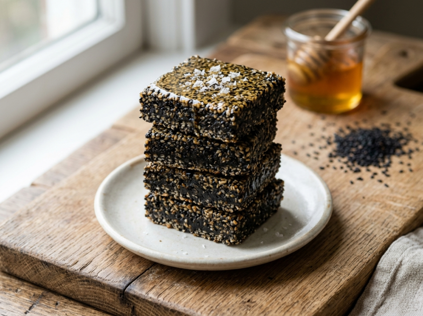 Stack of black sesame honey squares on a white plate with flaky salt and a jar of raw honey nearby