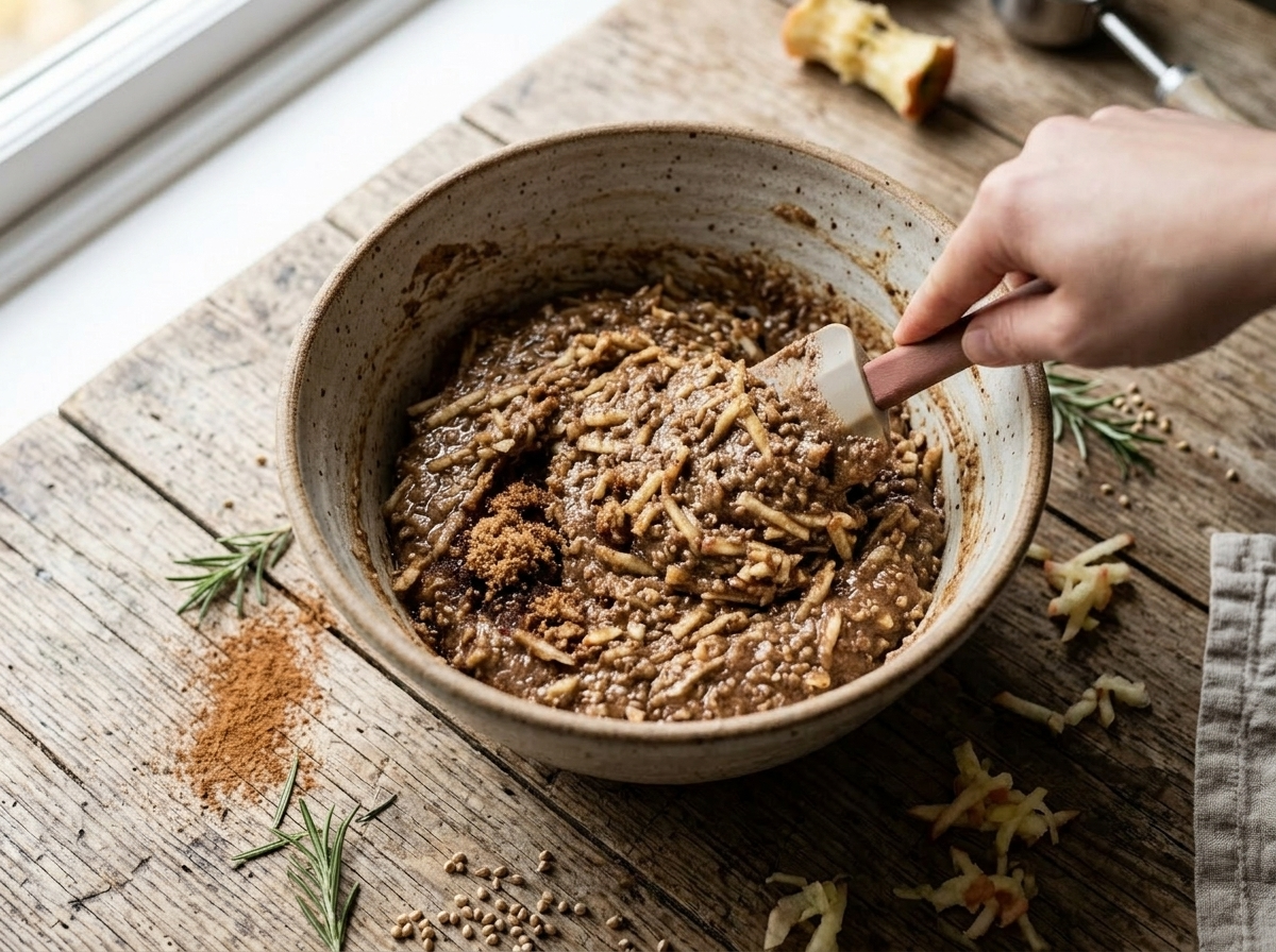 Hand folding grated apple into dark buckwheat cake batter in a ceramic bowl with a rubber spatula.