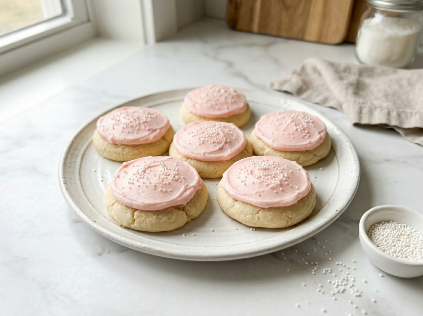 Thick magnolia sugar cookies with soft pink vanilla almond frosting and white sprinkles on marble surface