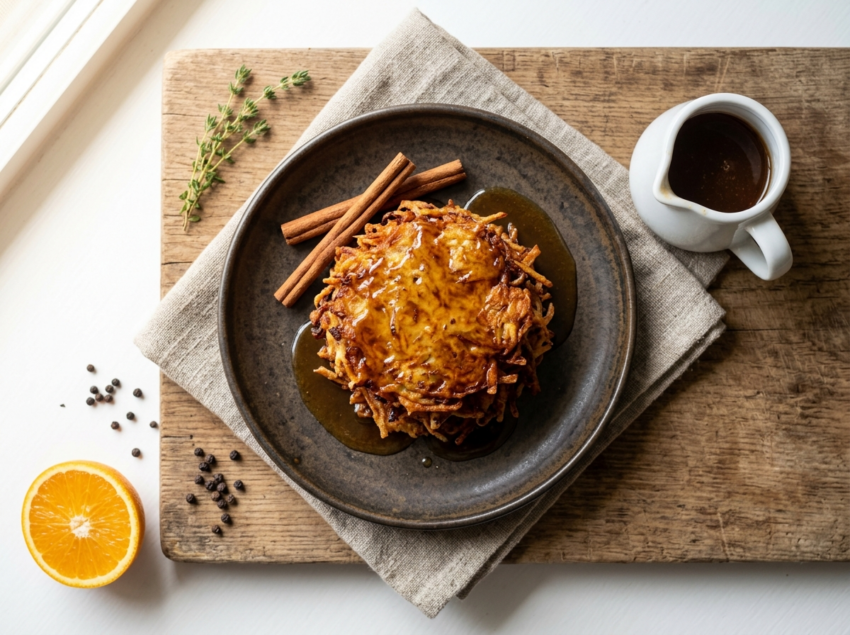 Stack of golden sweet yam fritters on a dark plate with brown sugar syrup pooling around them and cinnamon sticks as garnish