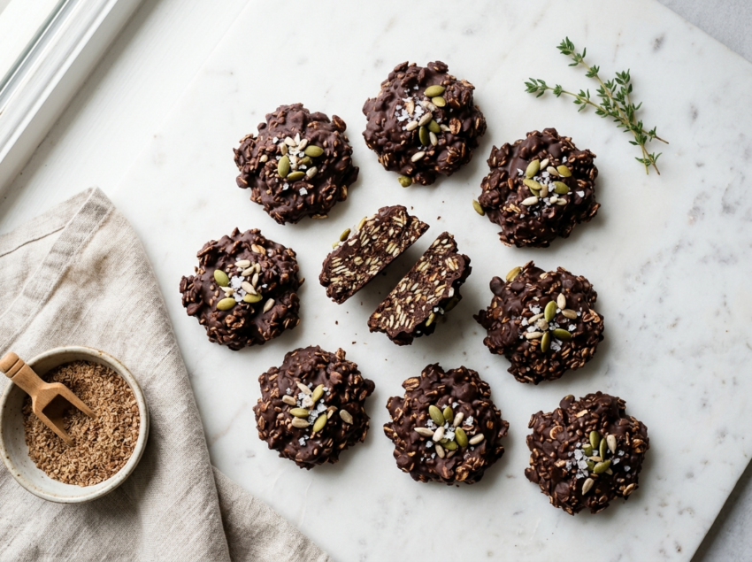 Nine flaxseed chocolate clusters on white marble with pumpkin seeds and flaky sea salt visible on top