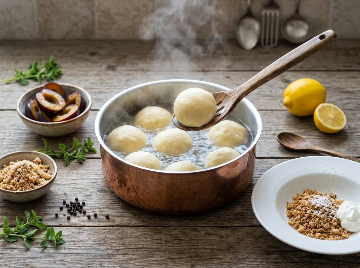 Potato dough plum dumplings floating in simmering water being lifted with a slotted spoon