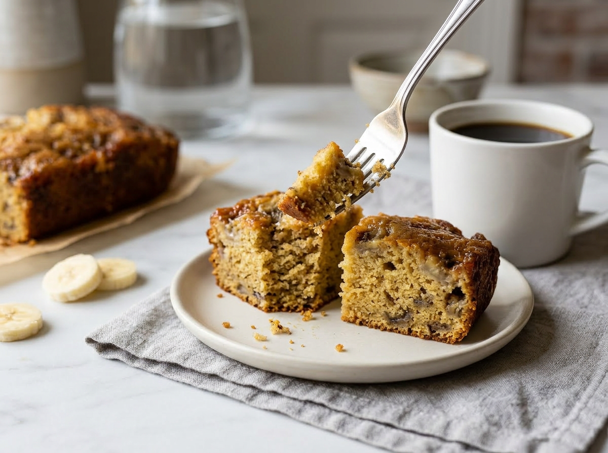 Two banana snack cake squares on a ceramic plate with a mug of black coffee on a linen napkin
