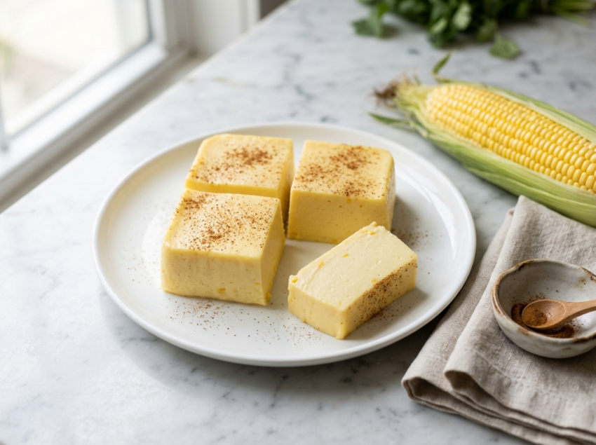 Sliced corn milk pudding squares on a white ceramic plate with cinnamon dusting and a fresh corn cob beside them on marble