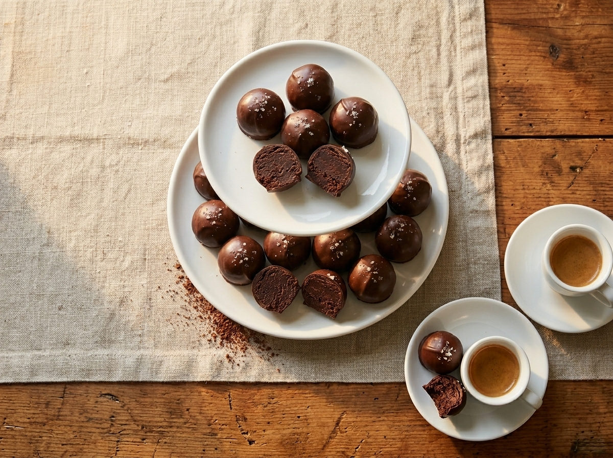 Brownie truffles stacked on a two-tier cake stand beside espresso cups, one truffle split open showing dense fudgy brownie interior