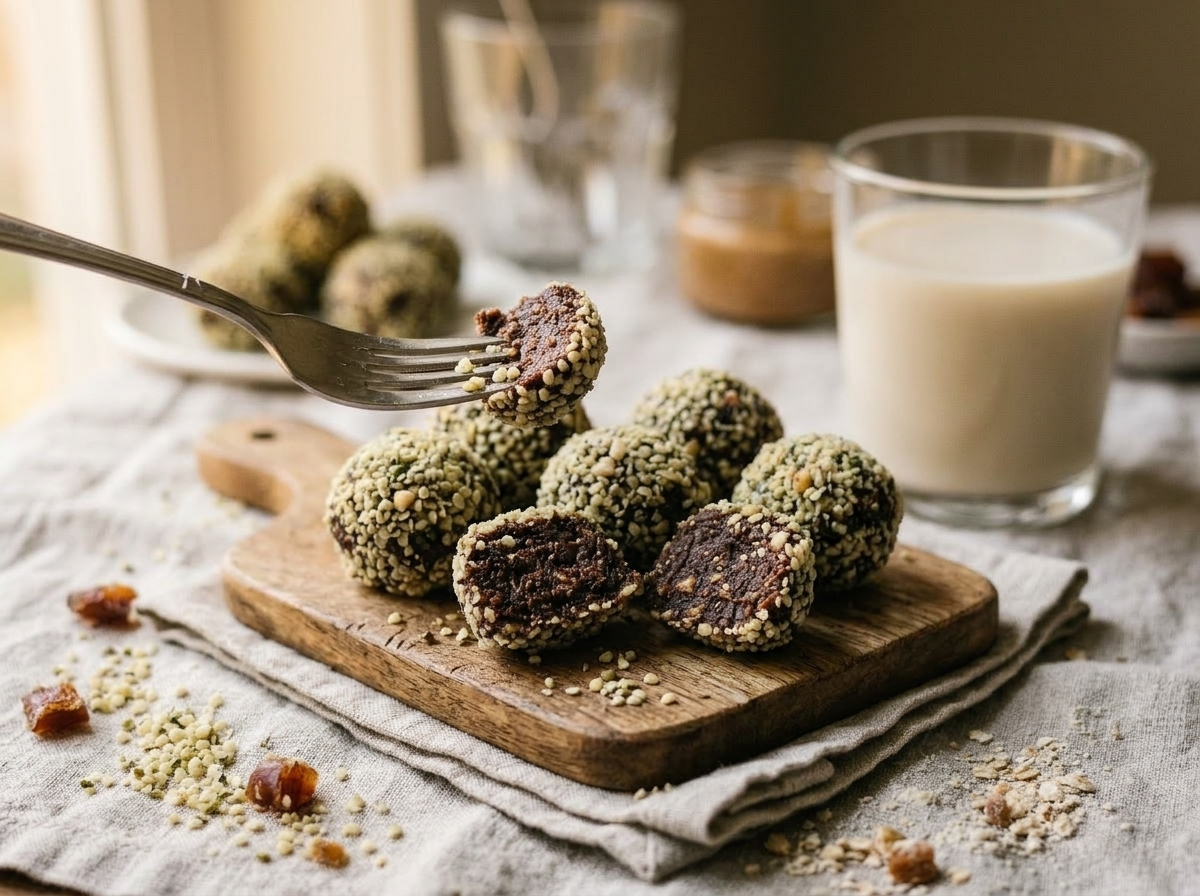 Six hemp seed energy truffles on a wooden board beside a glass of oat milk with scattered dates and hemp seeds