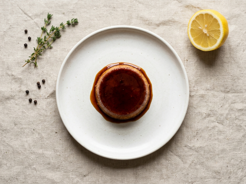 Six white ramekins of dark amber burnt sugar custard on a linen-covered table, one inverted to show caramel glaze
