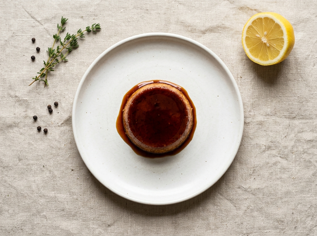 Six white ramekins of dark amber burnt sugar custard on a linen-covered table, one inverted to show caramel glaze