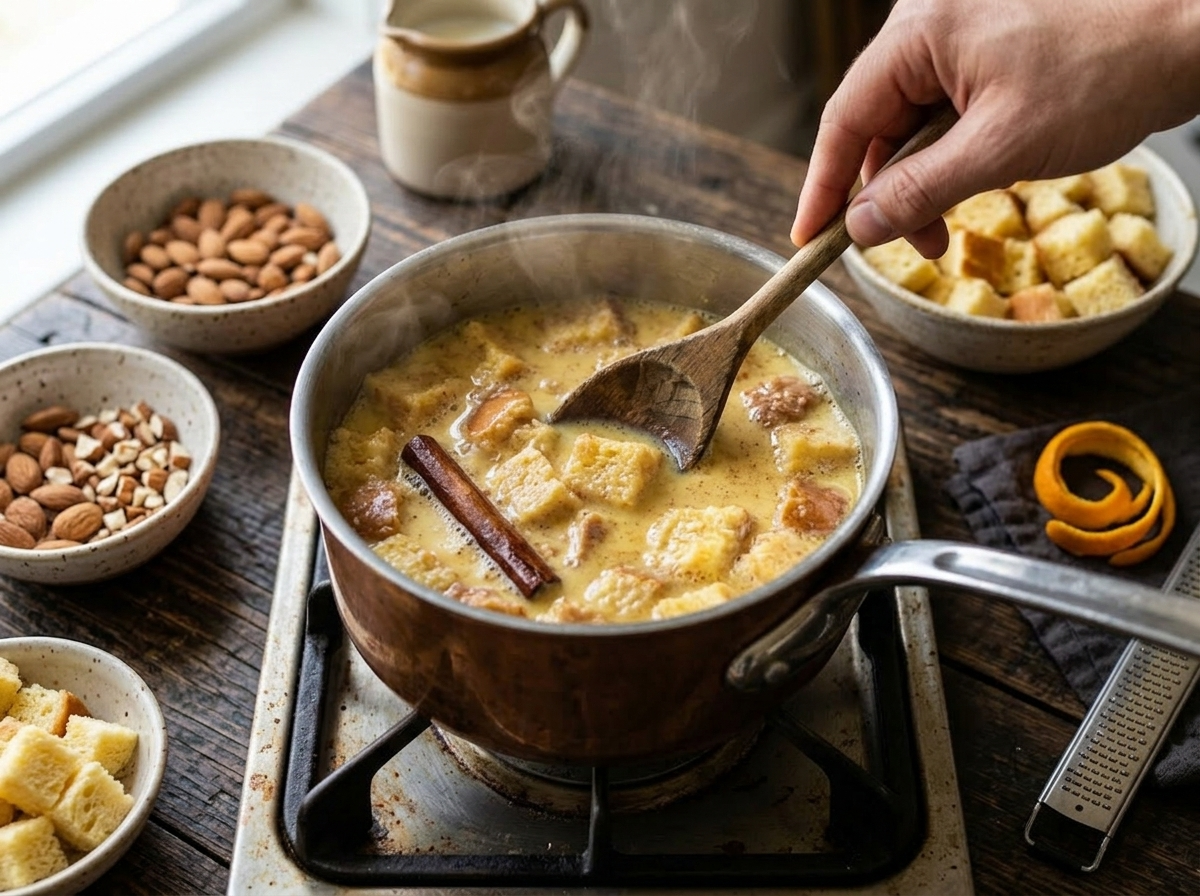 Cubed pão doce simmering in spiced milk with a cinnamon stick in a saucepan, being stirred with a wooden spoon