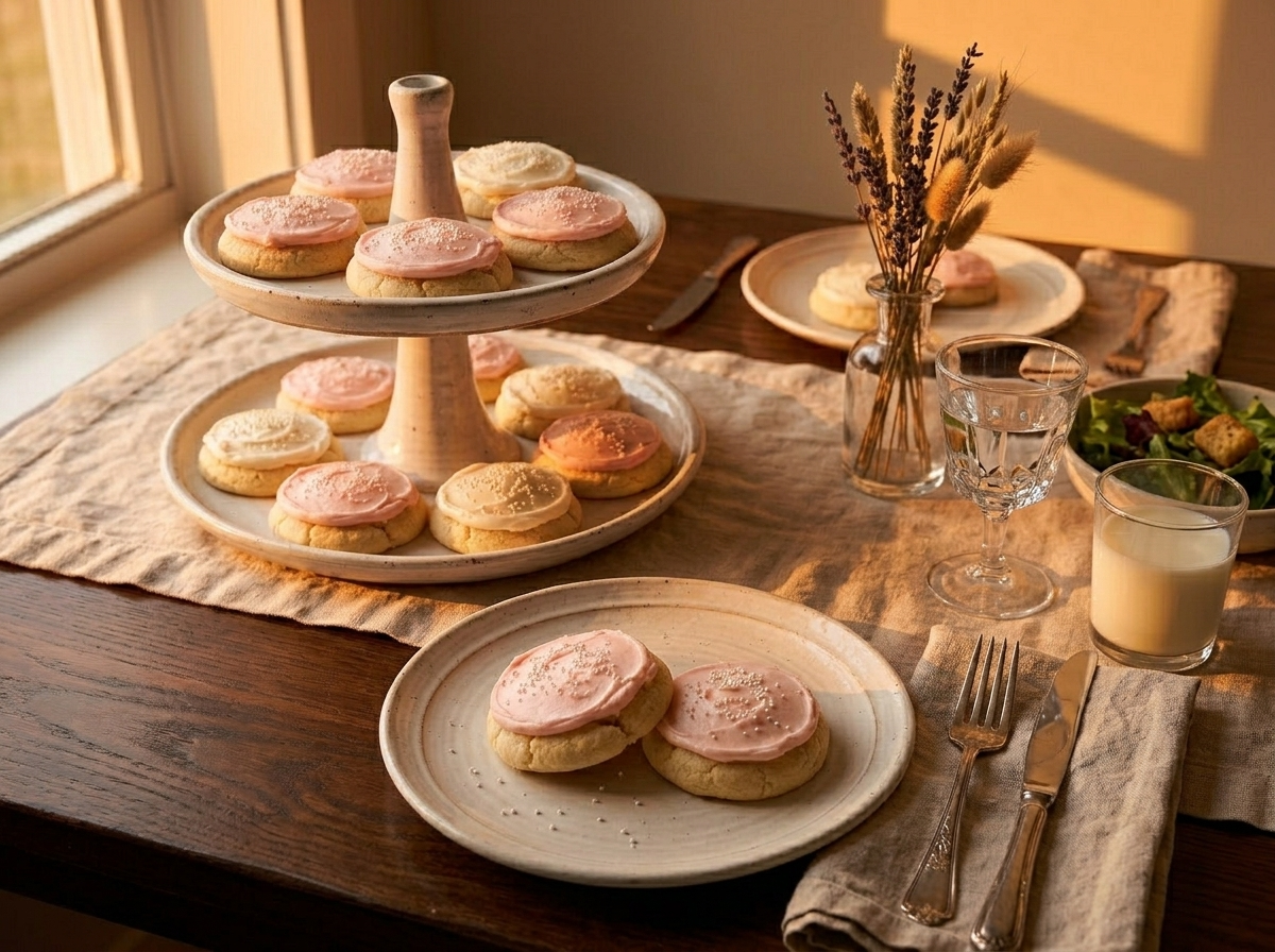 Pastel-frosted magnolia sugar cookies stacked on a white tiered tray with a glass of milk