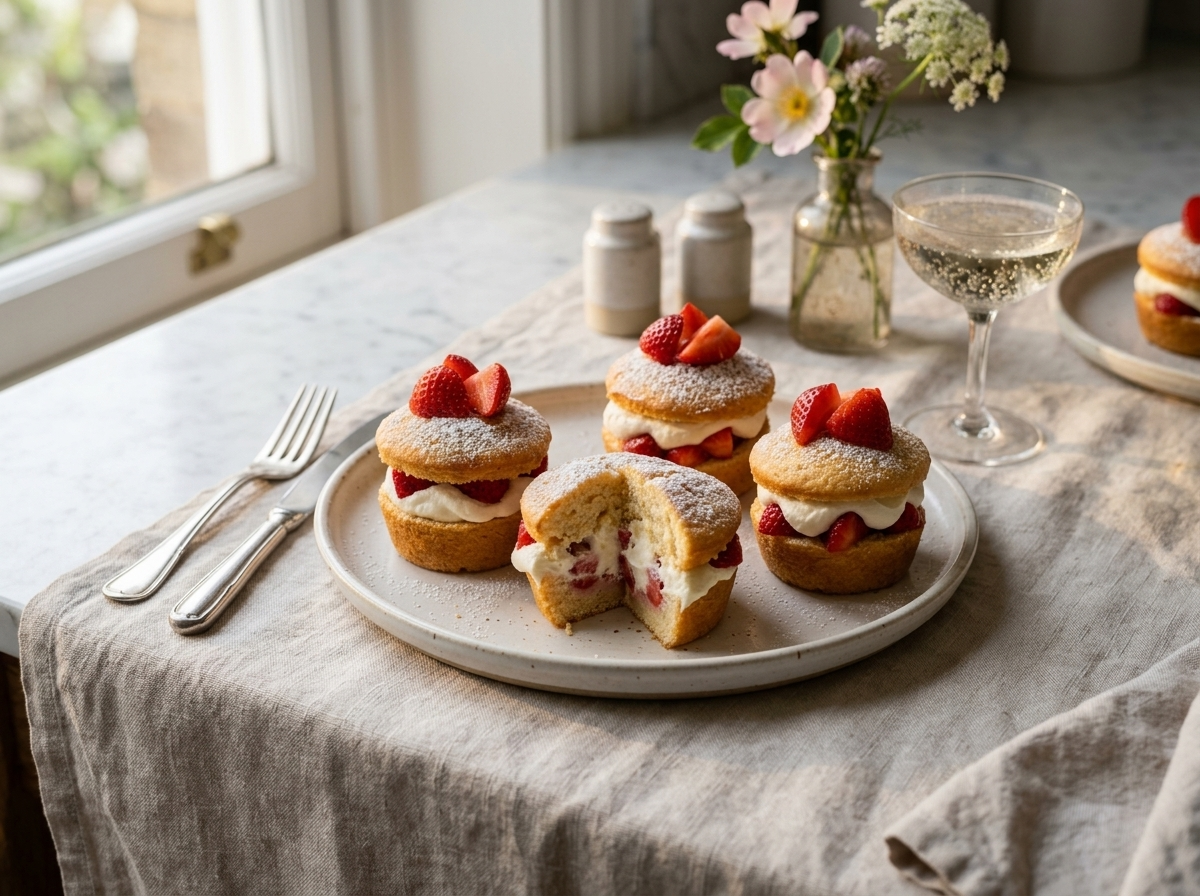 Four filled mini strawberry sponge cakes on a white plate with a glass of sparkling elderflower in soft afternoon light