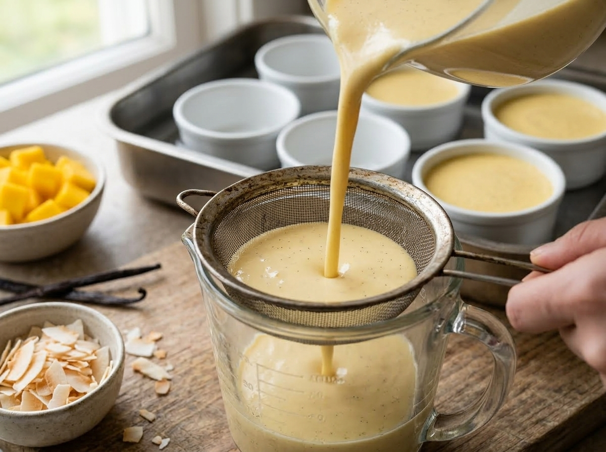 Coconut custard mixture being strained through a sieve into a jug before pouring into ramekins for baking