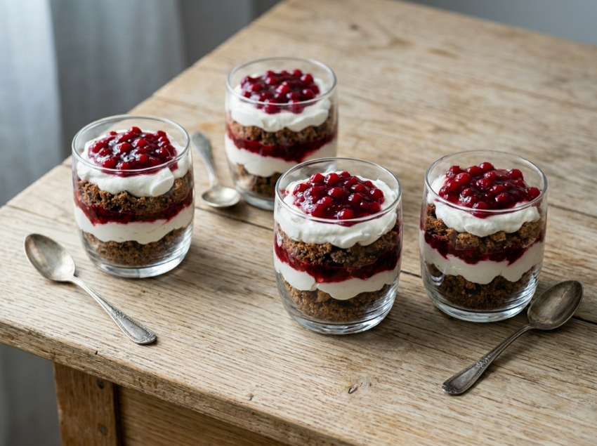 Four glasses of Latvian rye crumb dessert with visible dark crumb and cream layers topped with lingonberry jam