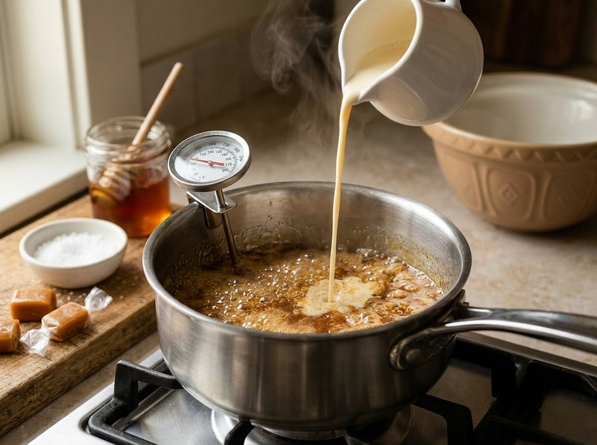 Amber honey caramel bubbling in a saucepan with cream being poured in and a candy thermometer clipped to the side