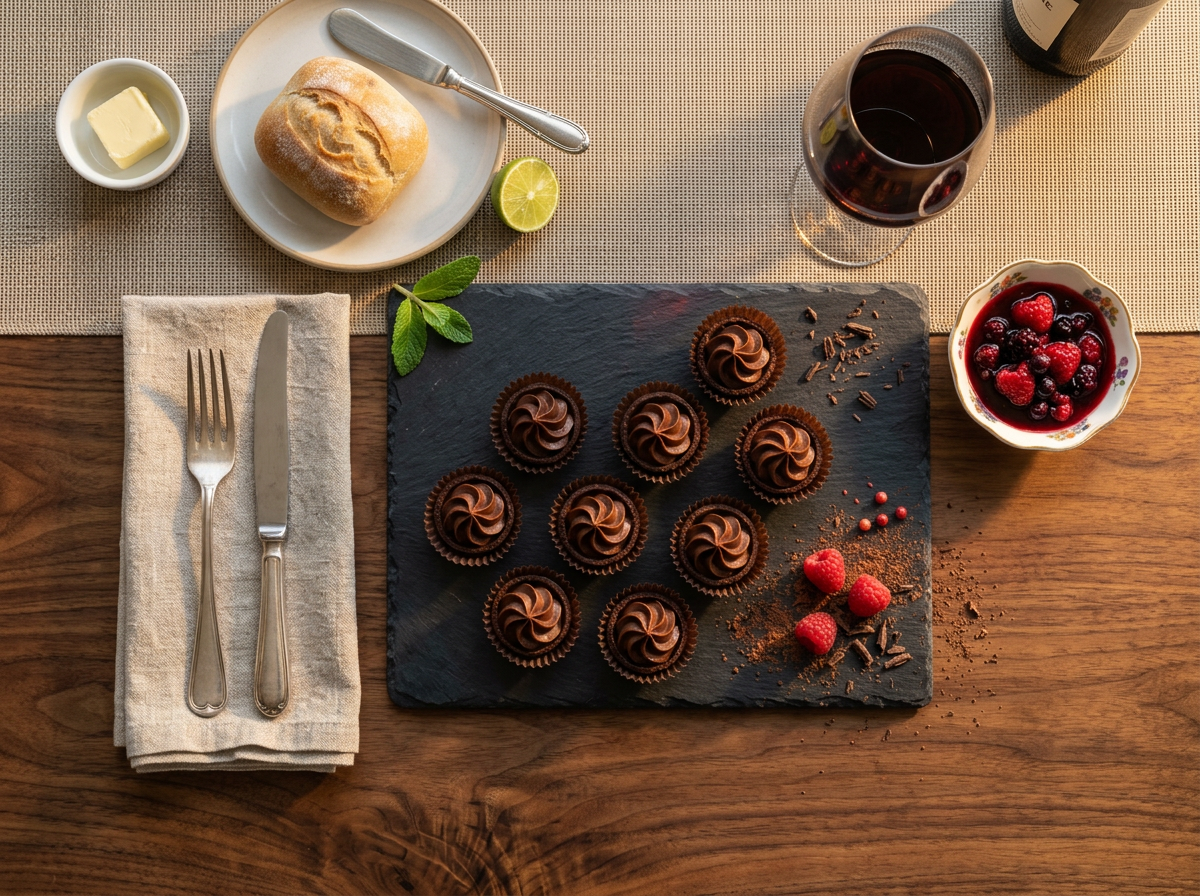 Tiny chocolate mousse bites in paper candy cups on a slate board with a glass of port wine