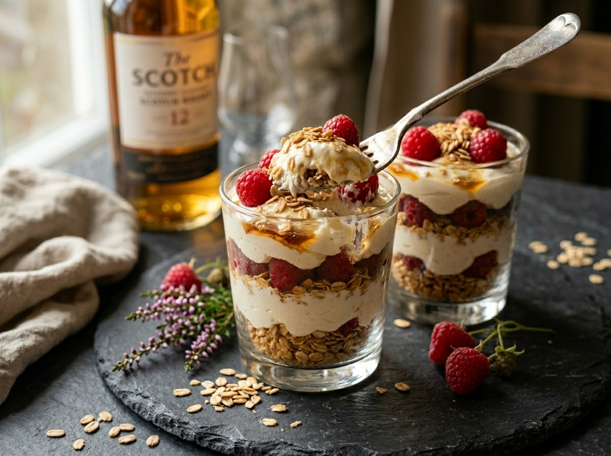 Two glasses of cranachan beside a whisky bottle and fresh raspberries on a stone surface in warm light